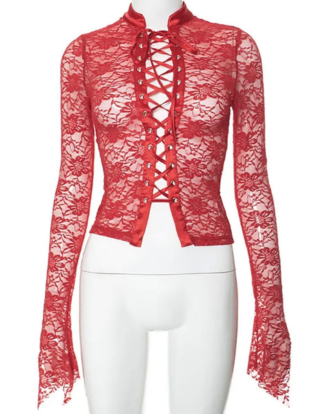 Women Sexy Red Lace Full Sleeve Tie Up Crop Top