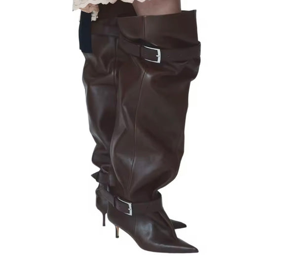 Women Pointed Toe Double Buckle Knee High Boots