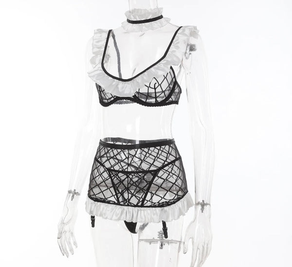 Women Sexy B&W Ruffled Choker Mesh Lingerie Set