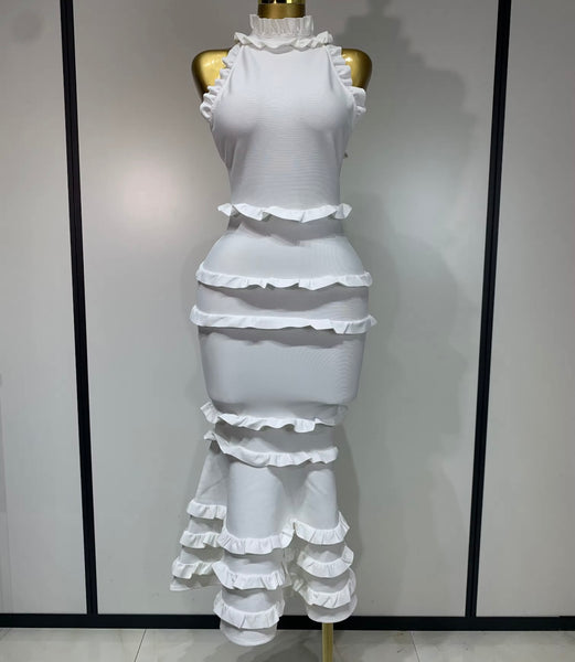 Women White Sexy Sleeveless Open Back Bandage Ruffled Dress
