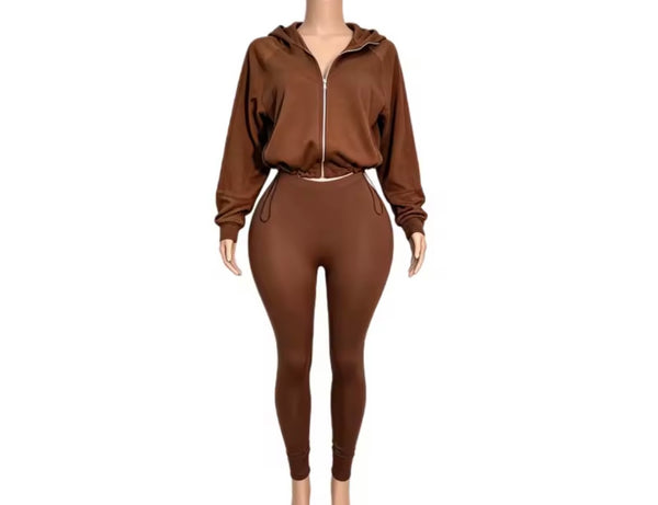 Women Fashion Hooded Zip Up Tracksuit Two Piece Pant Set