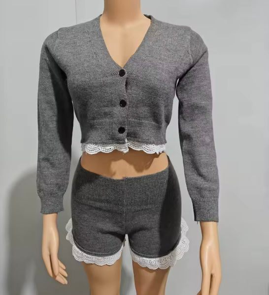 Women Gray Lace Patchwork Full Sleeve Two Piece Short Set