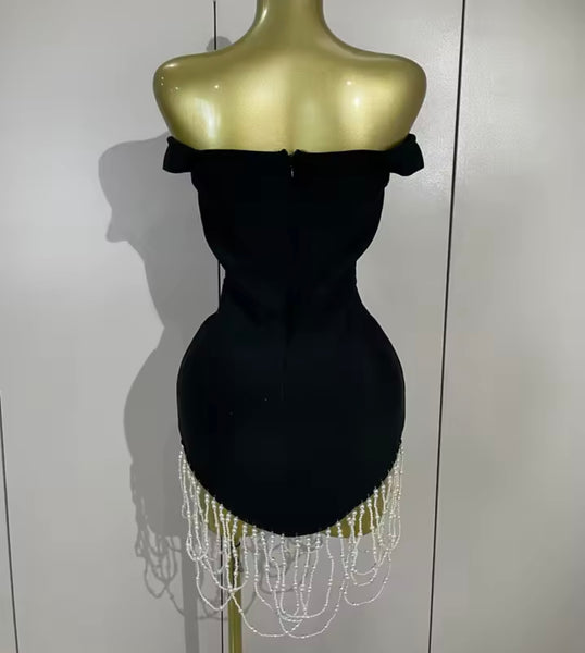 Women Sexy Black Off The Shoulder Pearl Tassel Dress