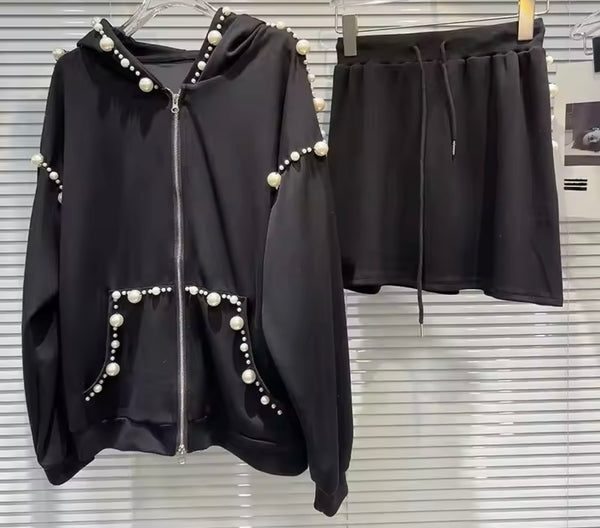 Women Zip Up Hooded Beaded Pearl Two Piece Skirt Set