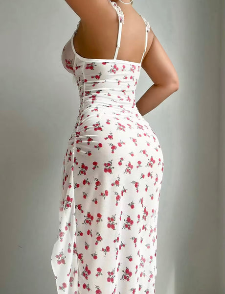 Women Sexy Sleeveless Side Splits Floral Mesh Nightgown