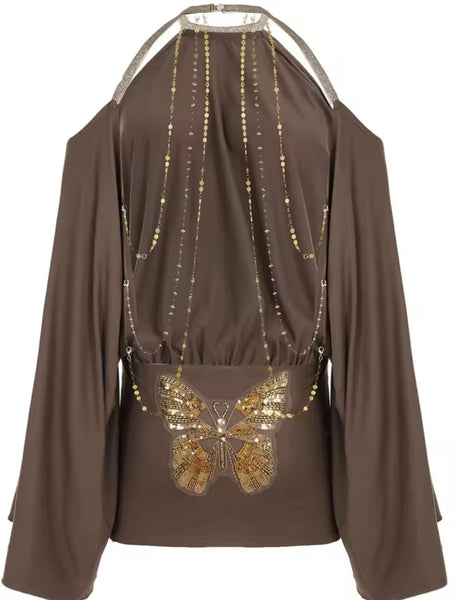 Women Brown Sexy Halter Open Back Butterfly Ruched Dress