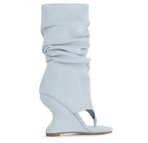Women Fashion Suede Open Toe Ruched Wedge Ankle Boots