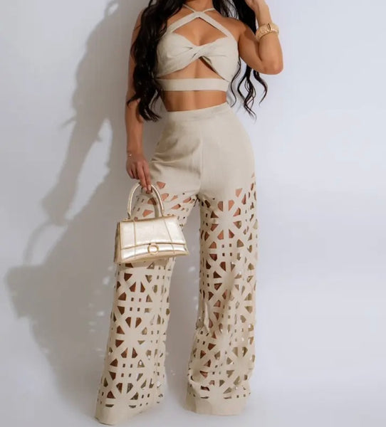 Women Sexy Sleeveless Cut Out Two Piece Pant Set