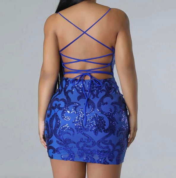 Women Sexy Sleeveless Sequins Patchwork Lace Up Open Back Dress