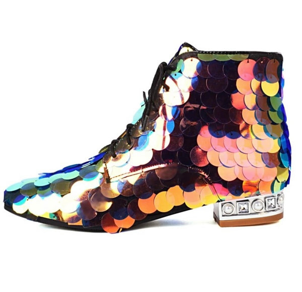 Women Fashion Lace Up Sequins Ankle Boots