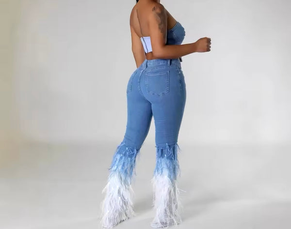 Women Sexy Strapless Denim Two Piece Feather Pant Set