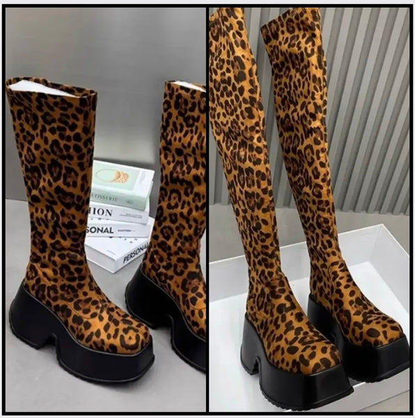 Women Fashion Leopard Print Platform Ankle/Knee High Boots