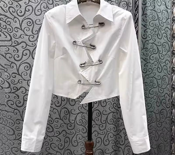 Women White Fashion Safety Pin Full Sleeve Top