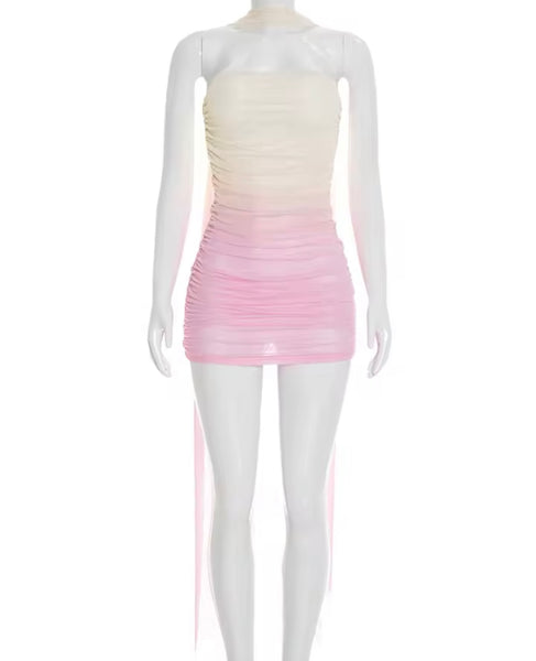 Women Sexy Strapless Scarf Gradient Ruched Dress