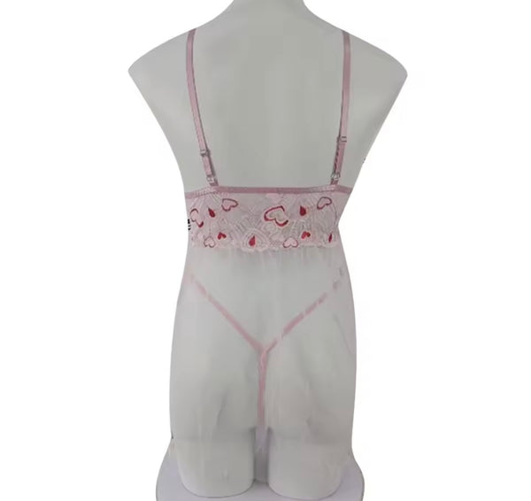 Women Sexy Sleeveless Pink Heart Mesh Lingerie Set