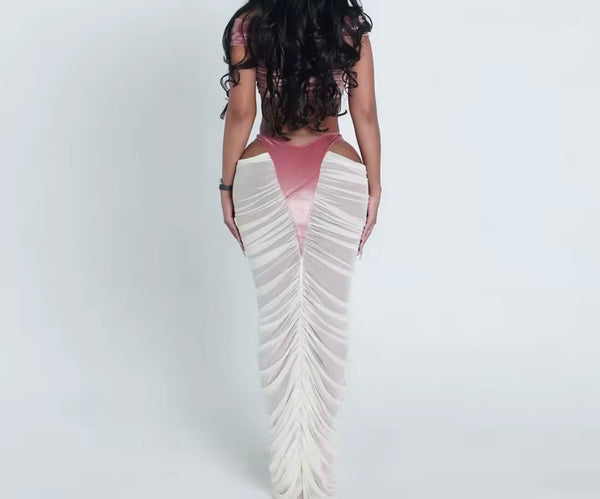 Women Sexy Sleeveless Velour Mesh Ruched Two Piece Maxi Skirt Set