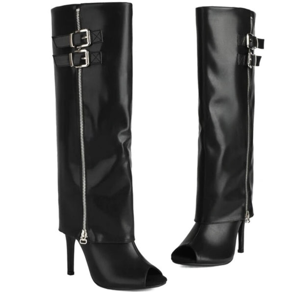 Women Open Toe Side Buckled Zipper Fashion Faux Leather Boots