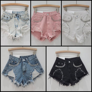 Women Ripped Rhinestone Fashion Denim Mini Shorts