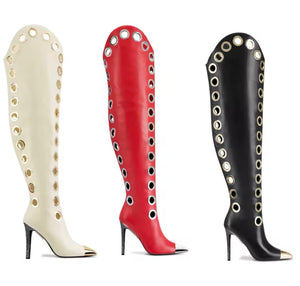 Women Fashion Metal Pointed Toe  Round Rings Knee High Boots