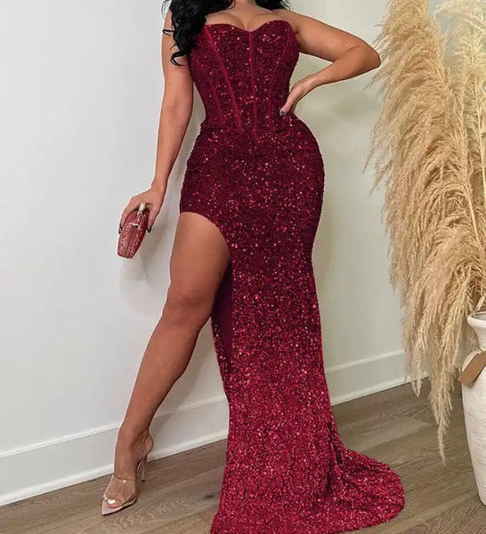 Women Sexy Strapless Sequins Side Split Maxi Dress