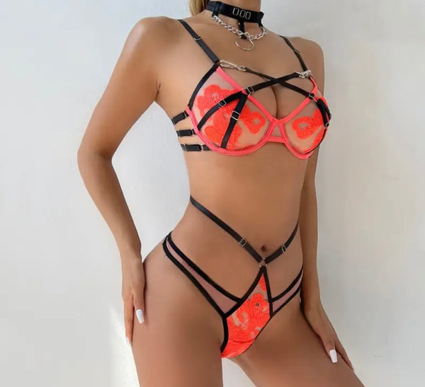 Women Sexy Choker Chain Color Patchwork Lace Lingerie Set