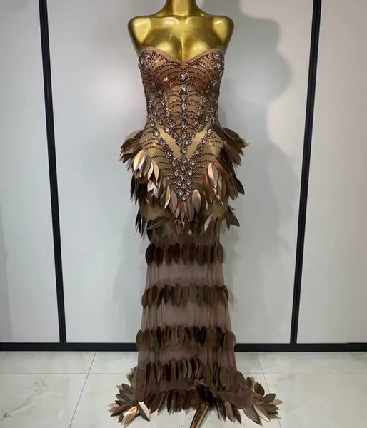 Women Sexy Strapless Rhinestone Brown Mesh Maxi Dress