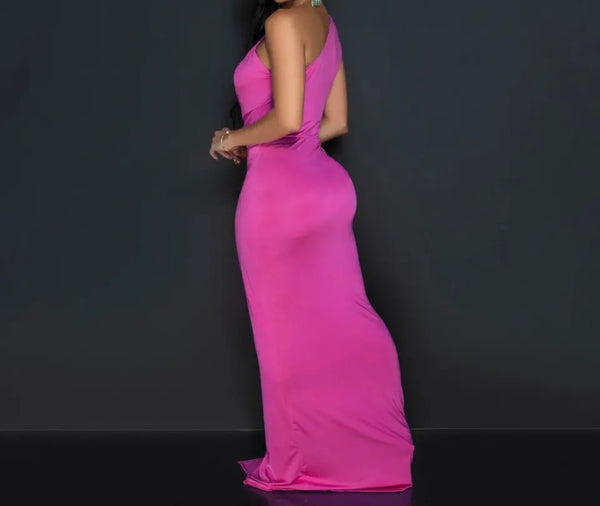 Women Sexy One Shoulder Sleeveless Color Maxi Dress