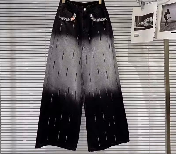 Women Fashion Gradient Rhinestone Denim Wide Leg Pants