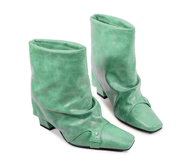 Women Color Square Toe Fashion Faux Leather Ankle Boots