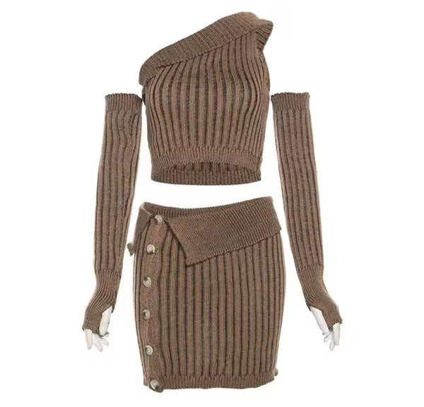 Women Sexy Brown Striped Button Two Piece Skirt Set