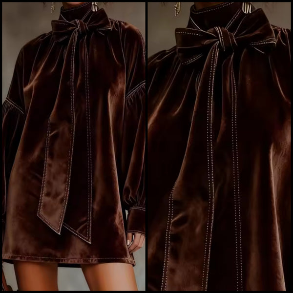 Women Brown Bow Full Sleeve Velvet Fashion Dress
