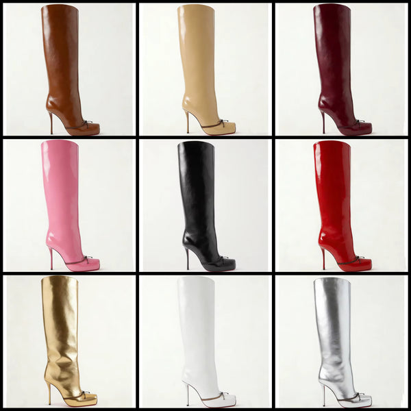 Women Fashion Square Toe Bow Faux Leather Knee High Boots