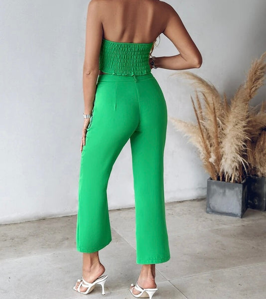 Women Sexy Green Strapless Floral Patchwork Two Piece Pant Set