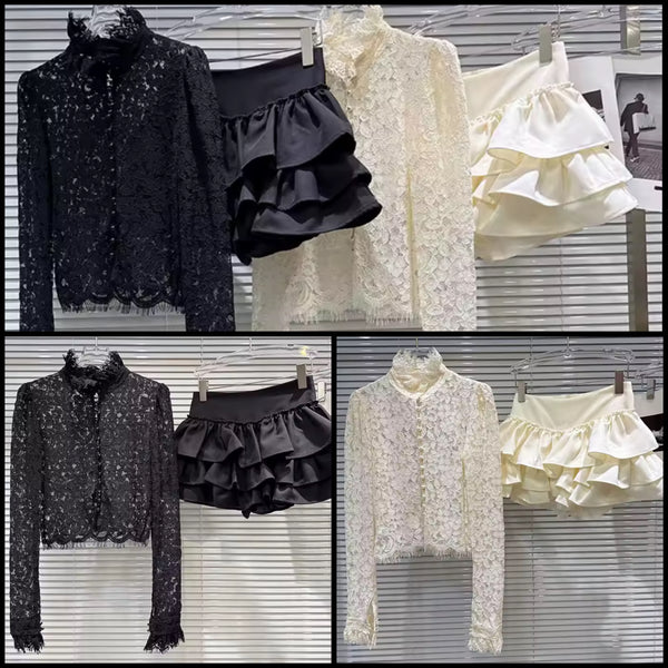 Women Sexy Lace Full Sleeve Two Piece Ruffled Skirt Set