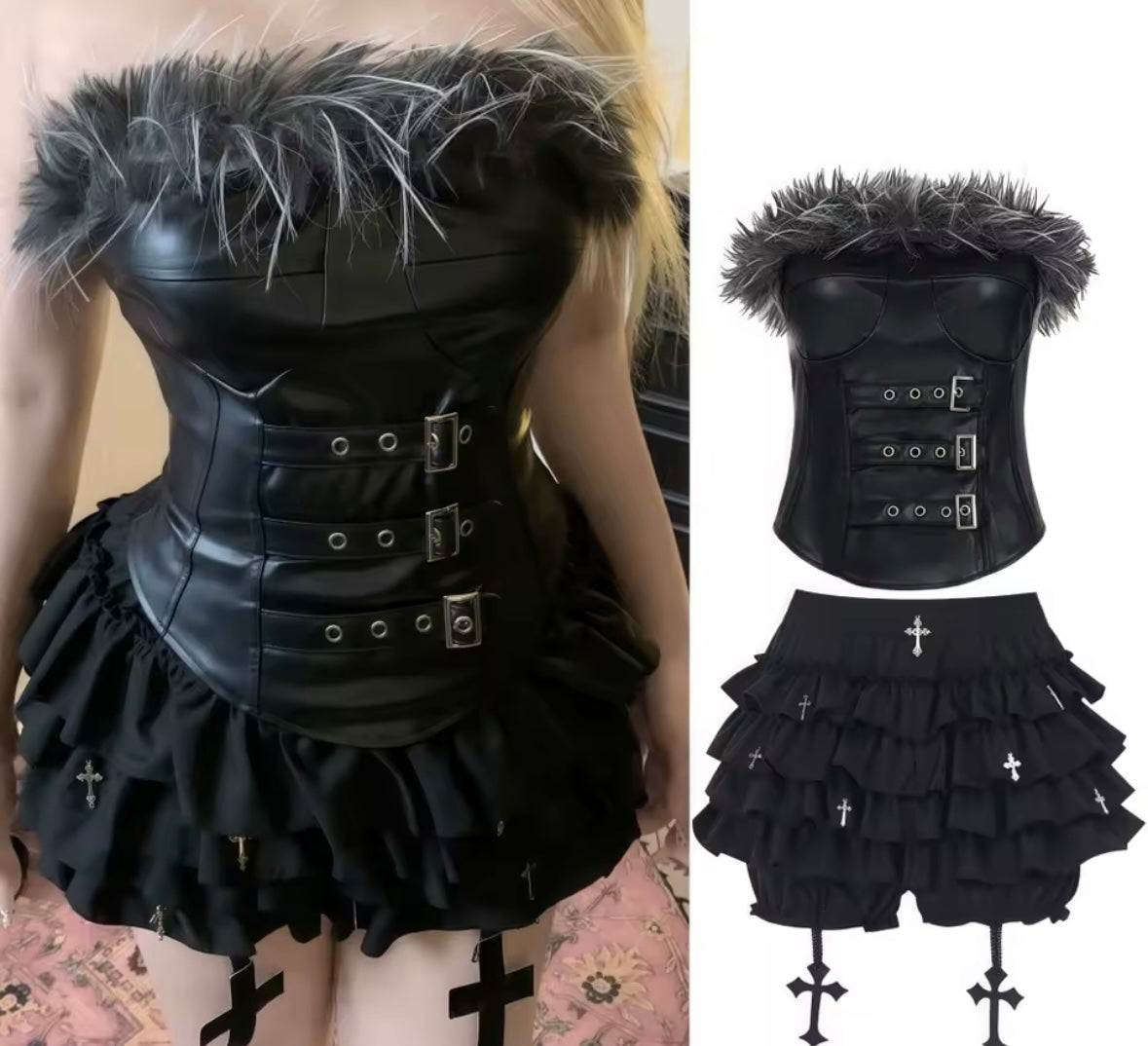 Women Black Feather Buckled Strapless Two Piece Ruffled Skirt Set