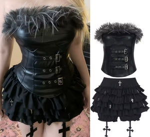 Women Black Feather Buckled Strapless Two Piece Ruffled Skirt Set