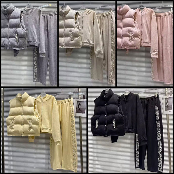 Women Bling Velour Tracksuit Puff Vest Three Piece Pant Set