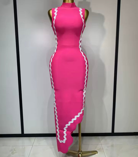 Women Sexy Pink Sleeveless Striped Asymmetrical Maxi Dress