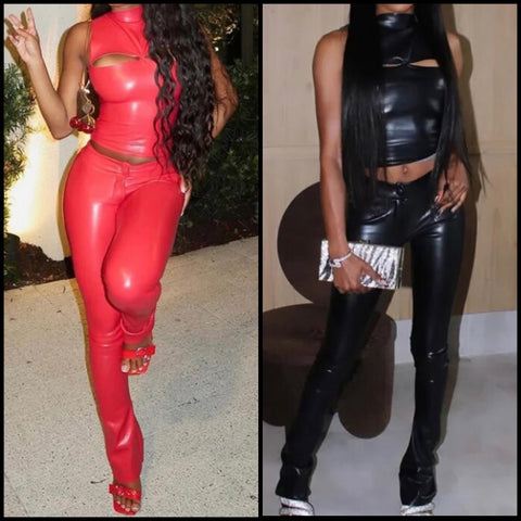 Women Sexy Fashion Faux Leather Sleeveless Two Piece Pant Set