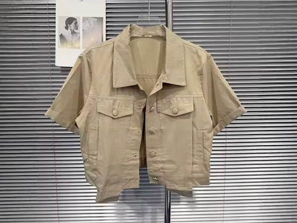 Women Khaki Button Up Short Sleeve Ruffled Lace Two Piece Short Set