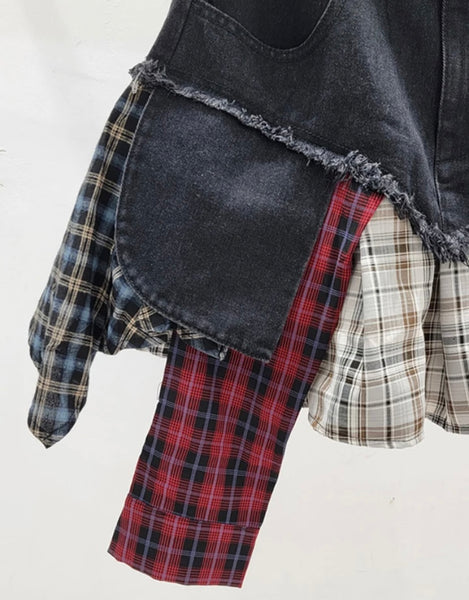 Women Fashion Denim Plaid Patchwork Skirt