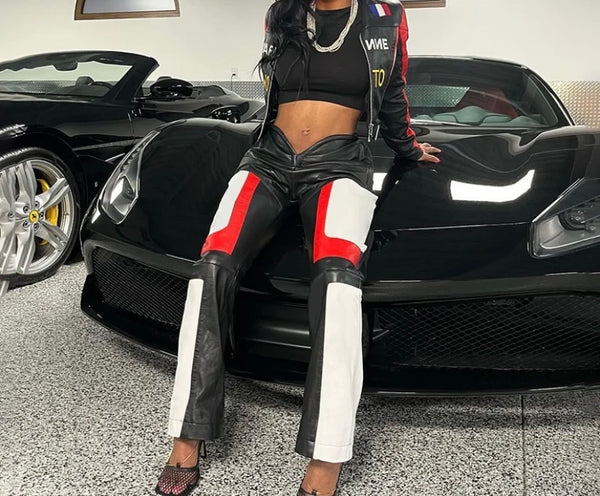 Women Fashion Color Patchwork Faux Leather Pants