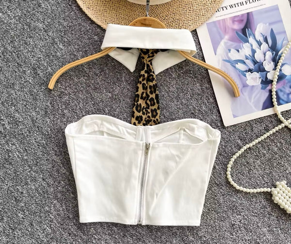 Women Strapless Collar Leopard Tie Fashion Crop Top