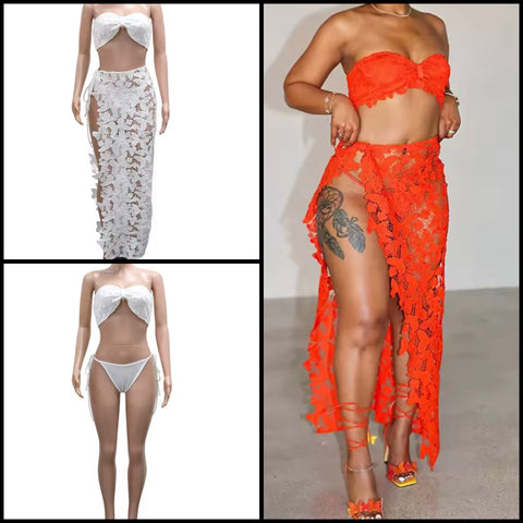 Women Color Sexy Strapless Bikini  Lace Cover Up Set