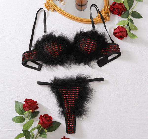 Women Sexy Color Patchwork Faux Fur Lingerie Set