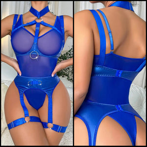 Women Blue Sexy Choker Mesh Bodysuit Lingerie Set