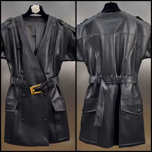 Women Black Short Sleeve Faux Leather Fashion Dress