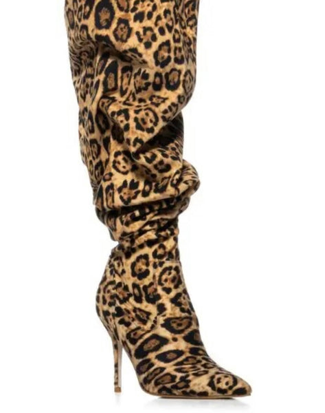 Women Fashion Leopard Drawstring Ruched Knee High Boots