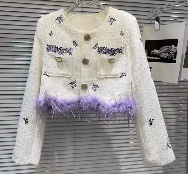 Women White Purple Printed Faux Fur Patchwork Two Piece Wrap Short Set
