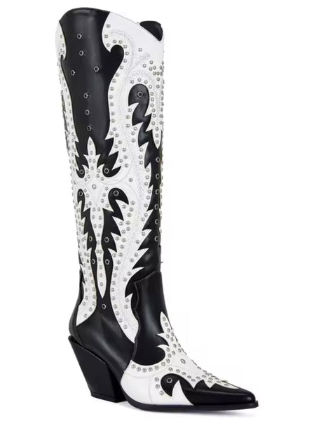 Women Fashion B&W Rivet Knee High Western Boots